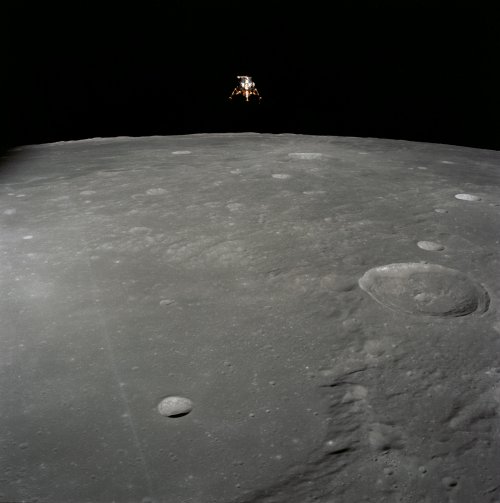 Apollo 12 Lunar Module, in Landing Configuration, Photographed in Lunar Orbit Credits : NASA