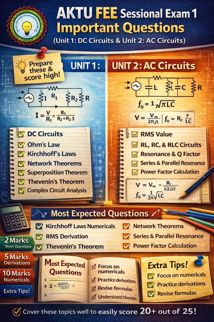 AKTU FEE Sessional Exam 1: Most Important Questions for DC Circuit & AC Circuit (Unit 1 & 2)